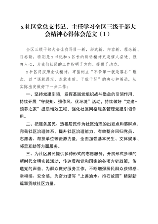 【6篇，心得体会】学习全区三级干部大会精神心得体会范文（6篇，社区党委书记、村党支部书记、主任，研讨发言材料参考，三干会）