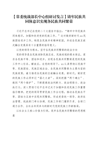 【常委统战部长中心组研讨发言】铸牢民族共同体意识实现各民族共同繁荣
