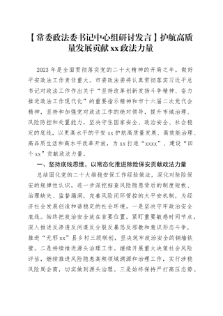【常委政法委书记中心组研讨发言】护航高质量发展贡献XX政法力量