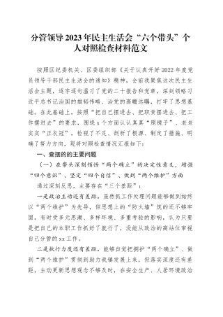 【个人对照检查】分管领导2023年民主生活会“六个带头”个人对照检查材料范文（2022年度六个方面，两个确立、思想凝心铸魂、全面领导、改革发展稳定、斗争精神、从严治党责任、以案促改、作风能力等八个方面，检视剖析材料，发言提纲）