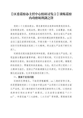 【区委巡察办主任中心组研讨发言】锤炼巡察内功磨砺利剑之锋