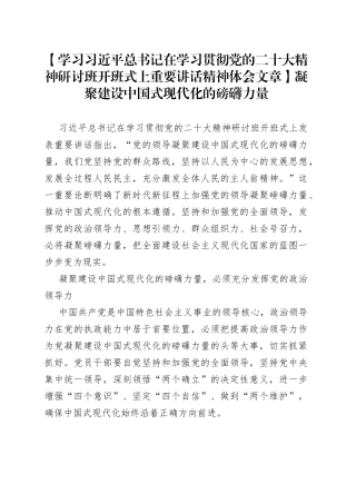 【学习习近平总书记在学习贯彻党的二十大精神研讨班开班式上重要讲话精神体会文章】凝聚建设中国式现代化的磅礴力量