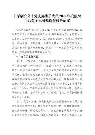 【原创公文】党支部班子成员2022年度组织生活会个人对照检查材料范文