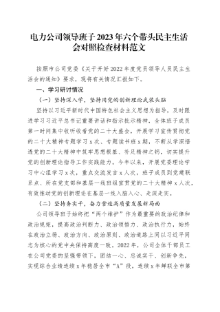 【原创素材，班子对照检查】电力公司领导班子2023年六个带头民主生活会对照检查材料范文（含学习研讨情况，2022年度，国网集团，国有企业，国企，两个确立、思想凝心铸魂、全面领导、改革发展稳定、斗争精神、从严治党责任等六个方面）