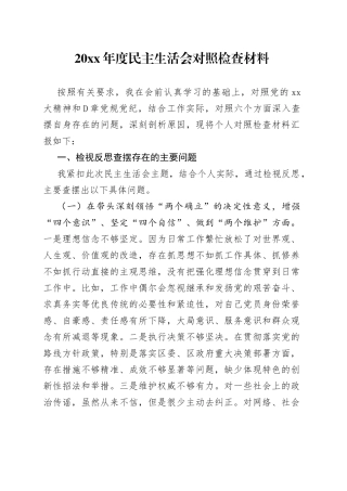 20XX年度民主生活会对照检查材料