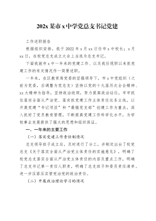 202X某市X中学党总支书记党建工作述职报告