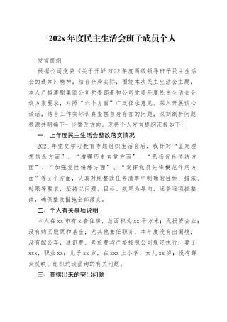 202X年度民主生活会班子成员个人发言提纲