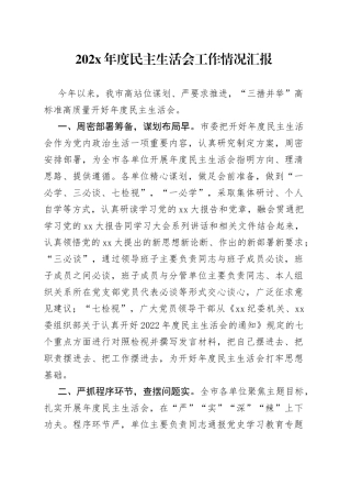 202X年度民主生活会工作情况汇报