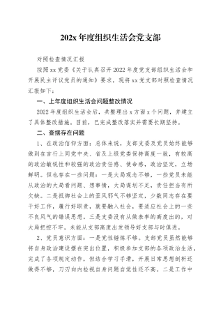 202X年度组织生活会党支部对照检查情况汇报