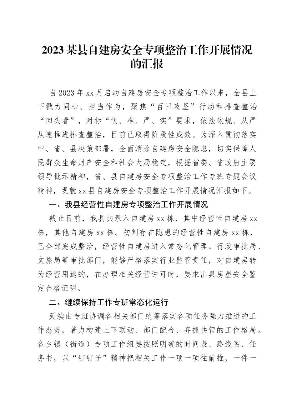 2023某县自建房安全专项整治工作开展情况的汇报_第1页