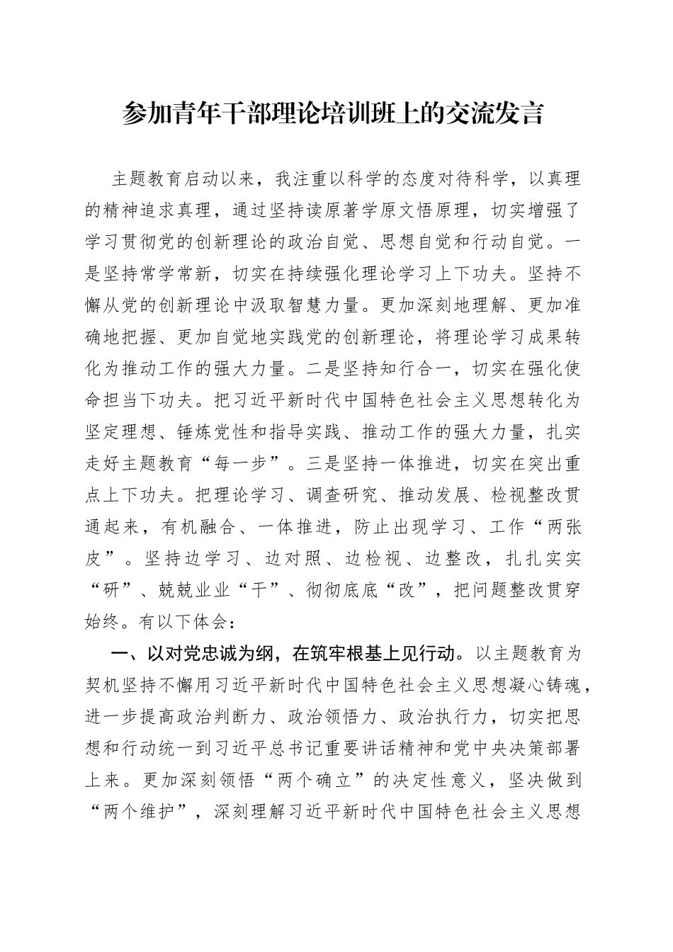 2023年参加青年干部理论培训班上的交流发言_第1页