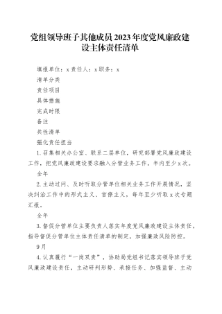 2023年党组领导班子其他成员党风廉政建设主体责任清单