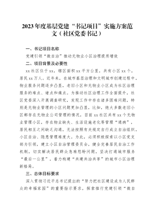 2023年度基层党建书记项目实施方案范文社区党委书记