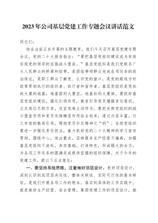 2023年公司基层党建工作会议讲话集团企业