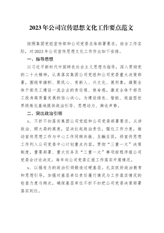 2023年公司宣传思想文化工作要点集团企业计划方案