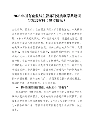 2023年国有企业与主管部门党委联学共建领导发言材料（参考模板）