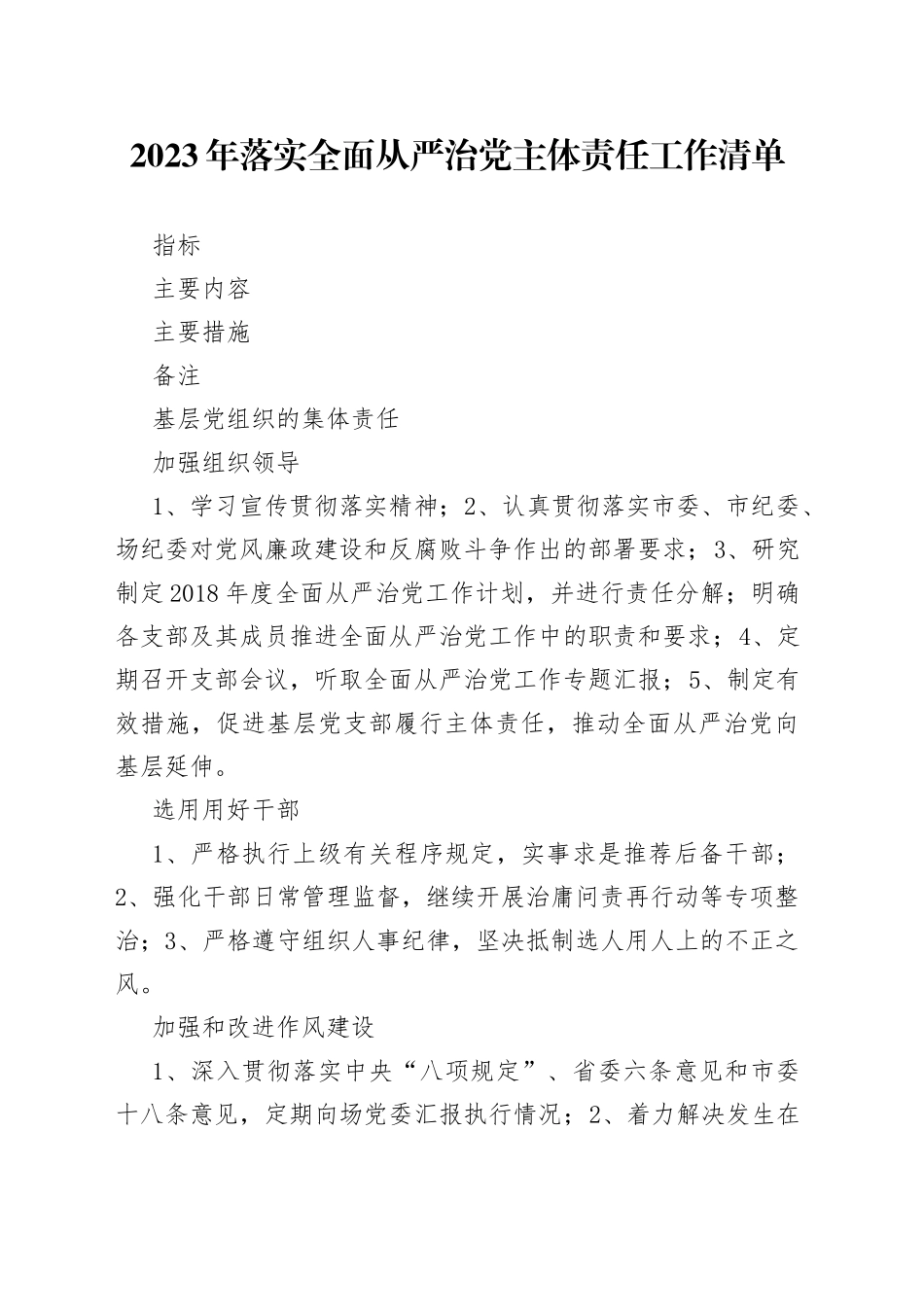 2023年落实全面从严治党主体责任工作清单_第1页