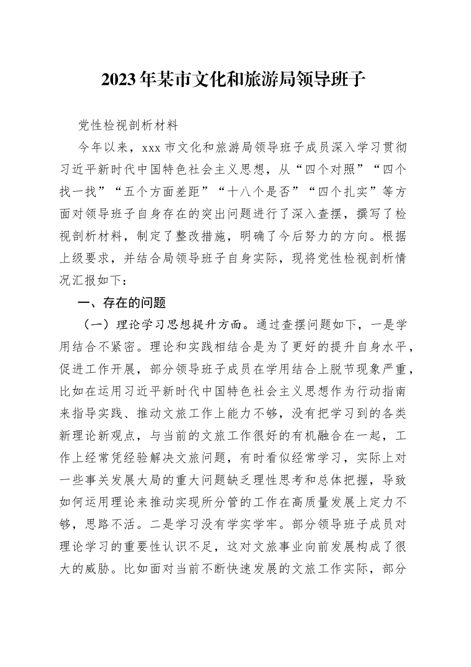 2023年某市文化和旅游局领导班子党性检视剖析材料_第1页