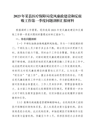 2023年某县医疗保障局党风廉政建设和反腐败工作第一季度问题剖析汇报材料