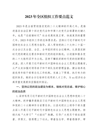 2023年全区组织工作要点计划方案