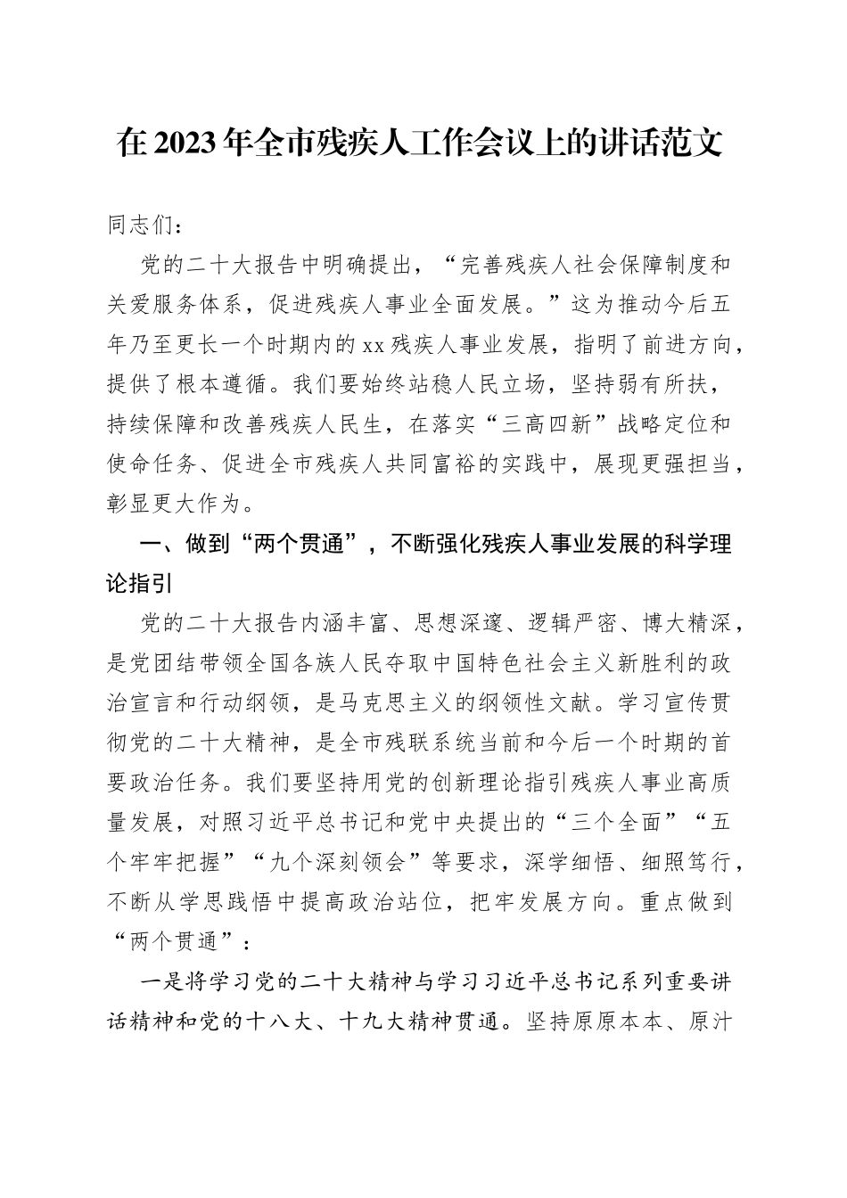 2023年全市残疾人工作会议讲话_第1页