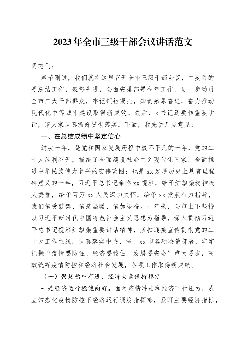2023年全市三级干部会议讲话范文_第1页