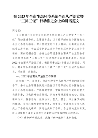 2023年全市生态环境系统全面从严治党暨三抓三促行动推进会讲话局工作会议