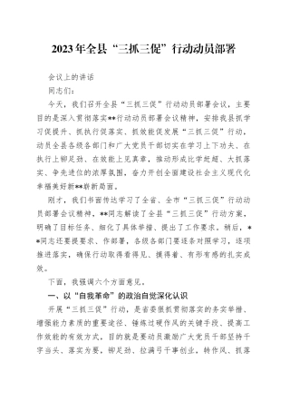 2023年全县“三抓三促”行动动员部署会议上的讲话