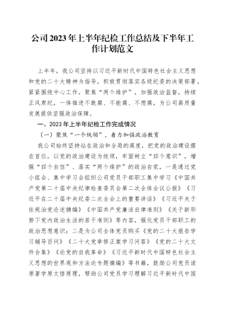 2023年上半年纪检工作总结和下半年计划监察汇报报告集团企业