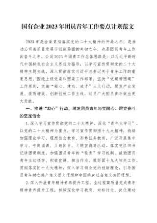 2023年团员青年工作要点计划集团公司共青团