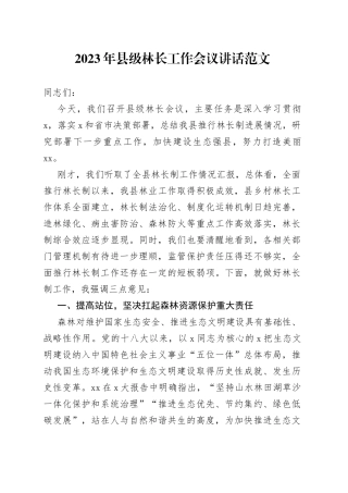 2023年县级林长工作会议讲话范文（全县，林长制）