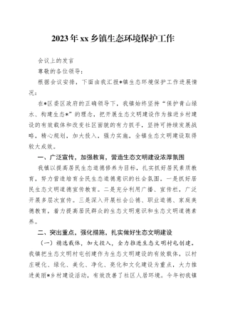 2023年乡镇生态环境保护工作会议上的发言
