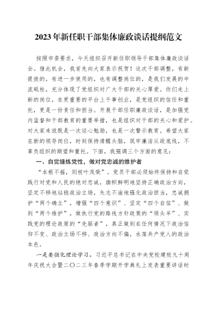 2023年新任职干部集体廉政谈话提纲