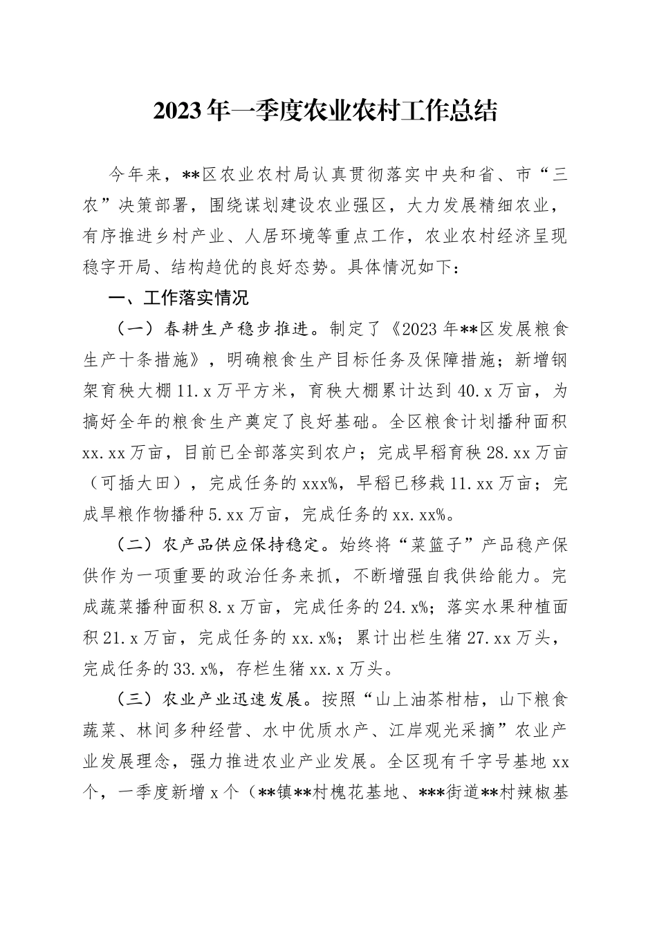 2023年一季度农业农村工作总结_第1页