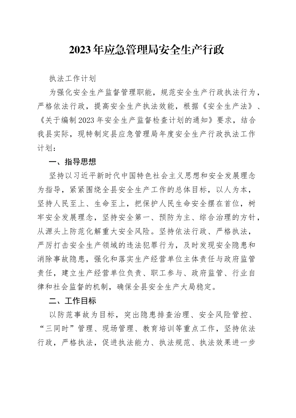 2023年应急管理局安全生产行政执法工作计划_第1页