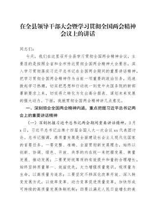 2023年在全县领导干部大会暨学习贯彻全国两会精神会议上的讲话