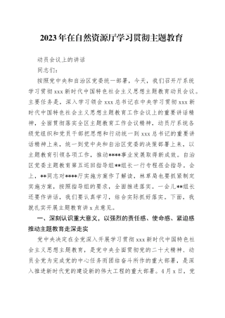 2023年在自然资源厅学习贯彻主题教育动员会议上的讲话