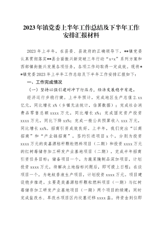 2023年镇党委上半年工作总结及下半年工作安排汇报材料