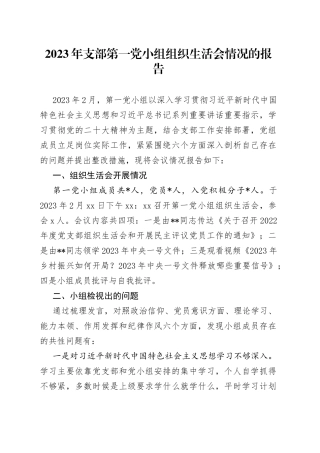 2023年支部第一党小组组织生活会情况的报告