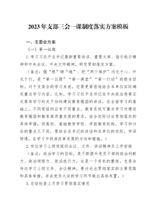 2023年支部三会一课制度落实方案模板