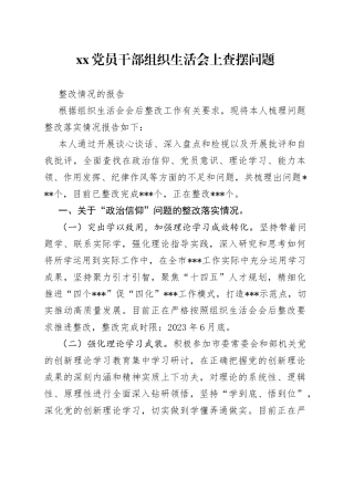 XX党员干部组织生活会上查摆问题整改情况的报告