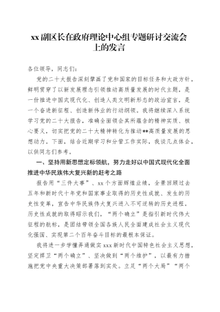 XX副区长在政府理论中心组专题研讨交流会上的发言