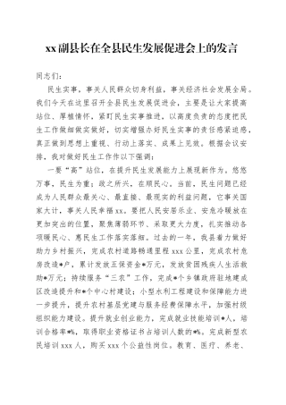 XX副县长在全县民生发展促进会上的发言
