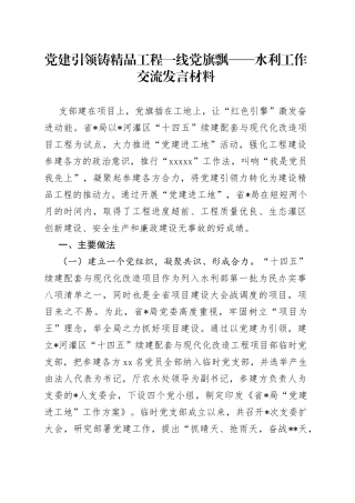 党建引领铸精品工程一线党旗飘——水利工作交流发言材料