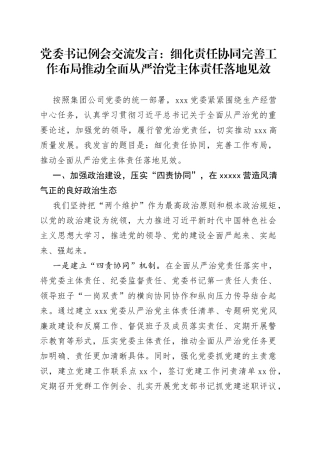 党委书记例会交流发言：细化责任协同完善工作布局推动全面从严治党主体责任落地见效