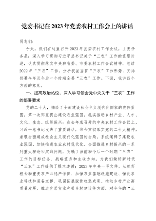 党委书记在2023年党委农村工作会上的讲话