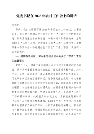 党委书记在2023年农村工作会上的讲话