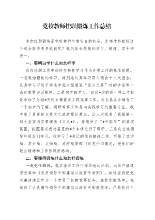 党校教师挂职锻炼工作总结