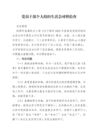 党员干部个人组织生活会对照检查发言提纲