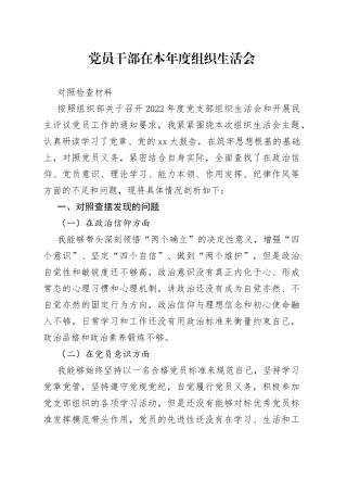 党员干部在本年度组织生活会对照检查材料